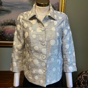 Chico’s White Blue Silver Metallic Sequin Polka Dot 3/4 Sleeve Blazer Jacket